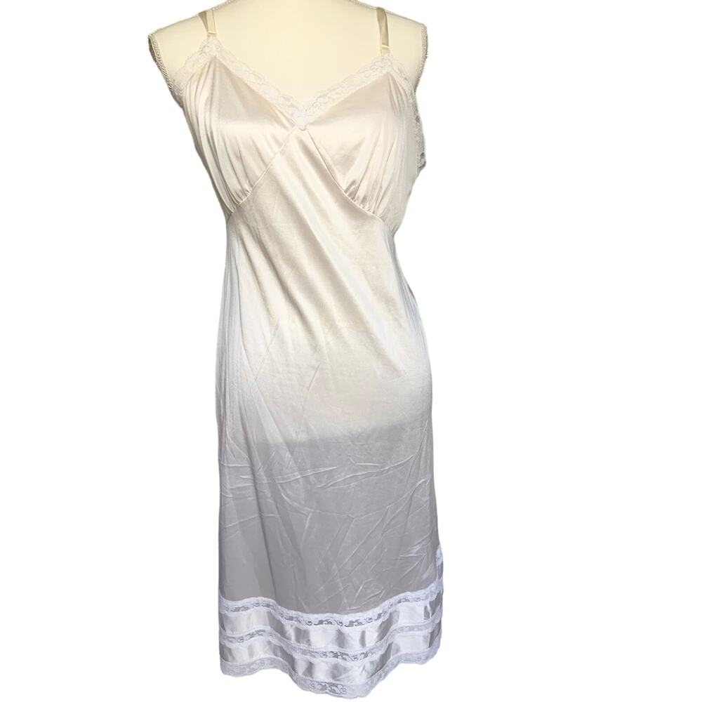 Vintage 70's Antron III Sliperfection White Cream Long Slip Dress Lace Trim Med